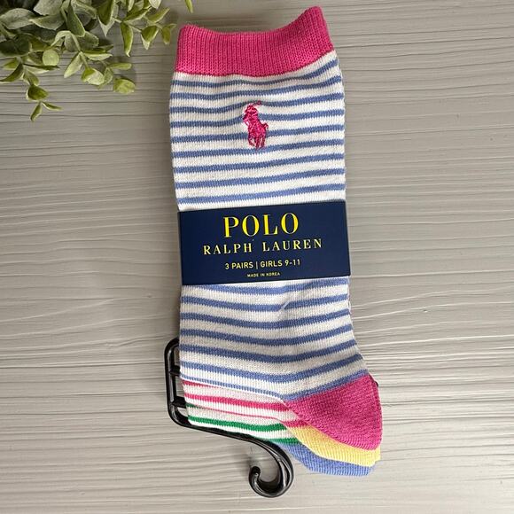 Polo Ralph Lauren Girl's Socks striped Set of 3 pairs 4-10 shoes / 9-11 socks - Picture 1 of 4
